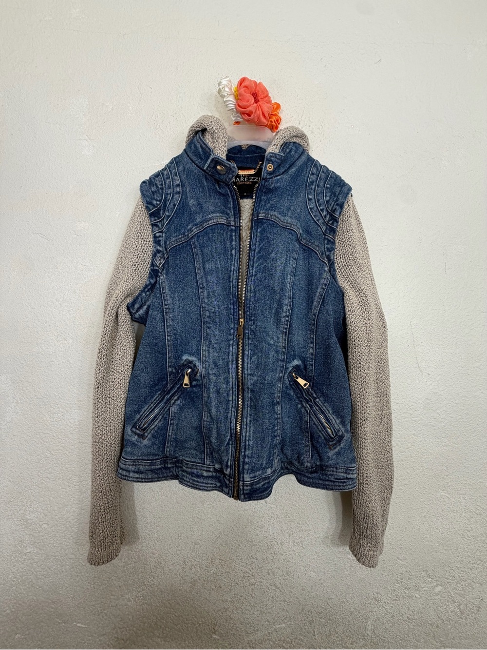 Marezzi Couture Hooded Denim Jacket Faux Fur Lined Sweater Sleeves Size L